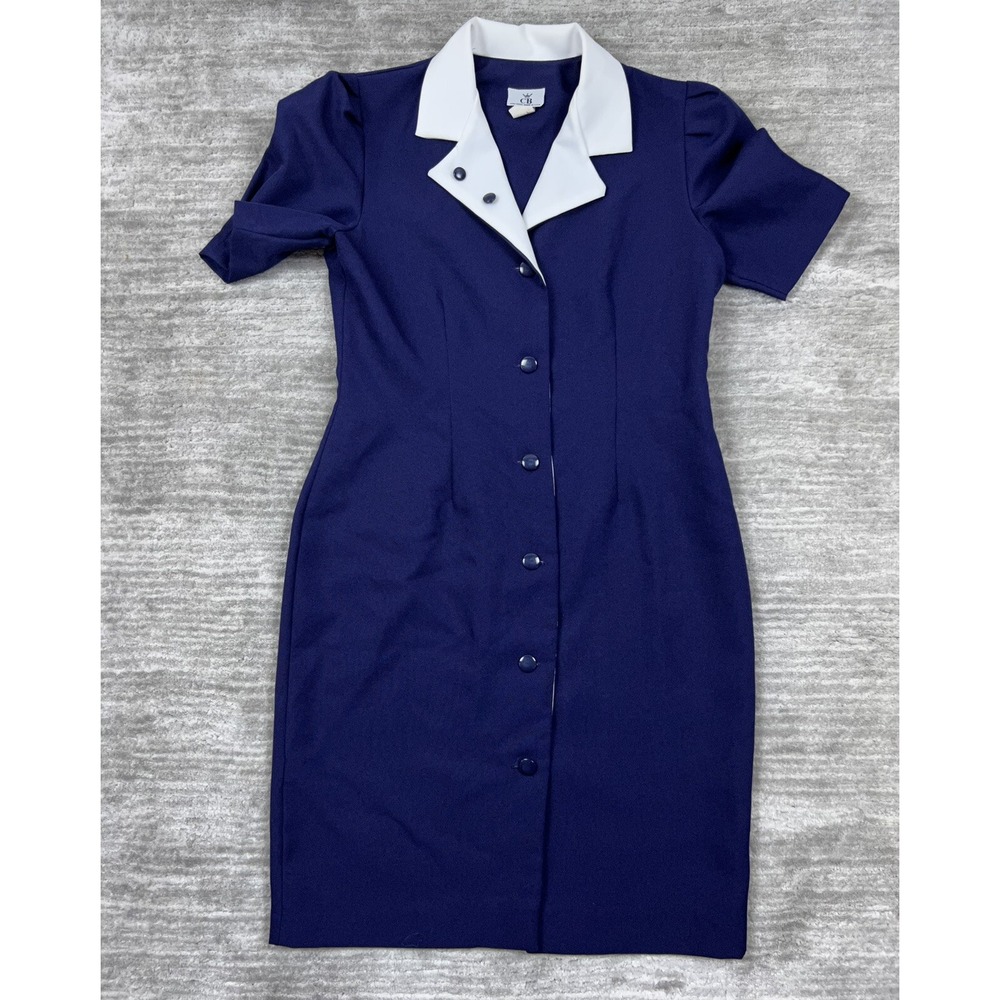 CB New York Dress Womens 8P Navy Blue White Contrast Collar Button Front Sheath